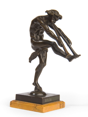 Bronze sculpture of male figure blowing horns